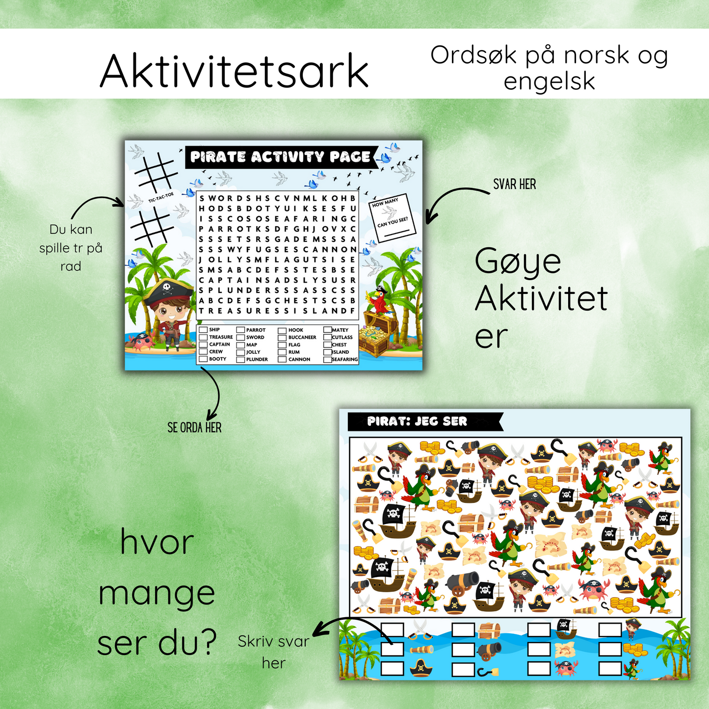Illustrasjon av en piratbåt som barn kan klippe ut og sette sammen fra aktivitetsheftet.