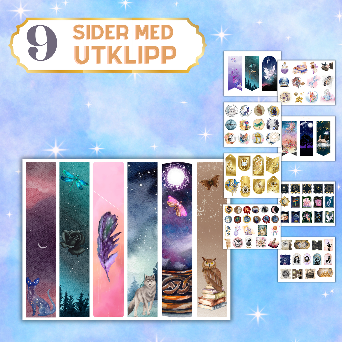 Viser et ferdig junk journal-oppslag laget med elementene fra 'Dreamy'-pakken, inkludert bilder, tekst og dekorasjoner.