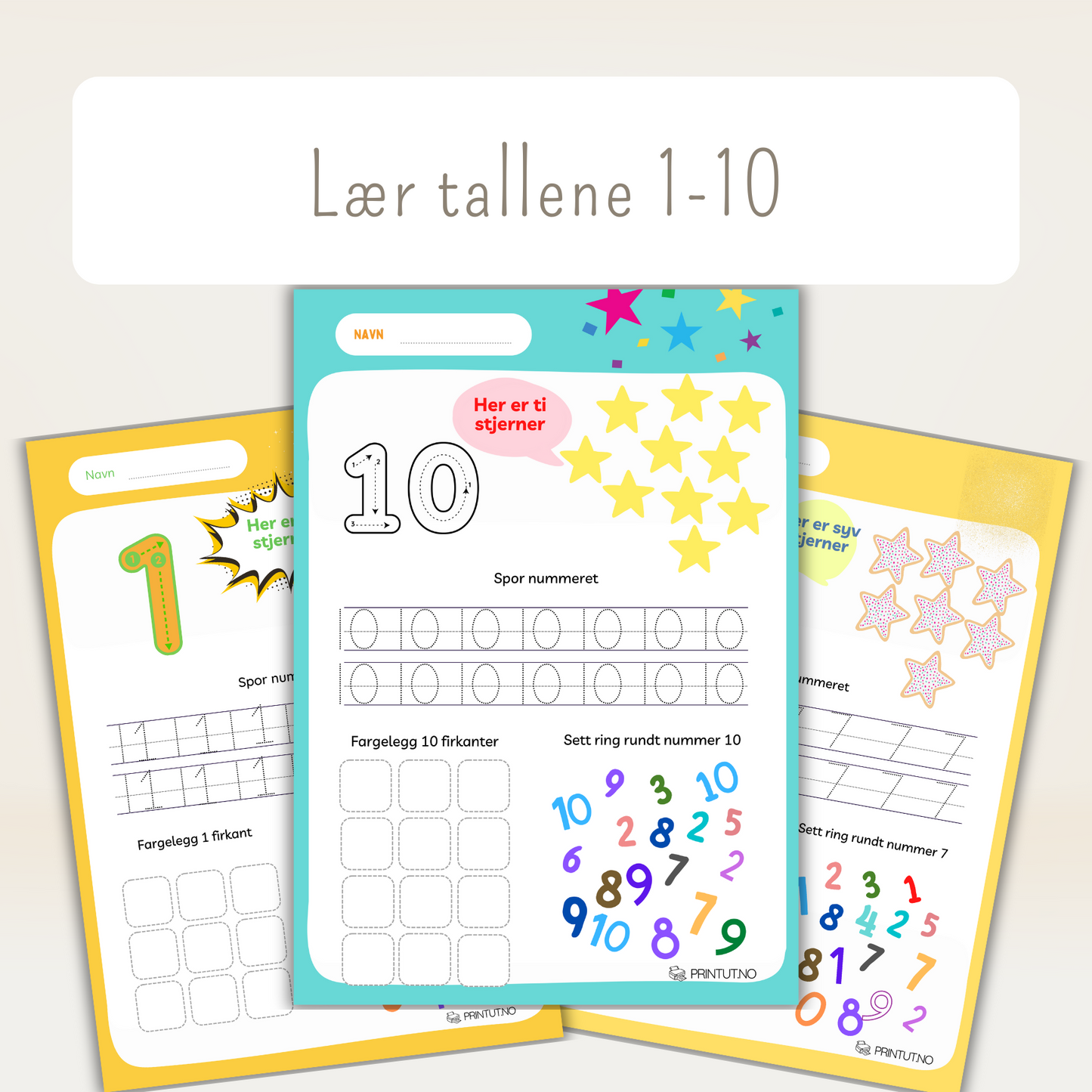 Eksempelside fra "Tallene 1–10" som viser tallet 5 med sporingslinjer og tellebilder.