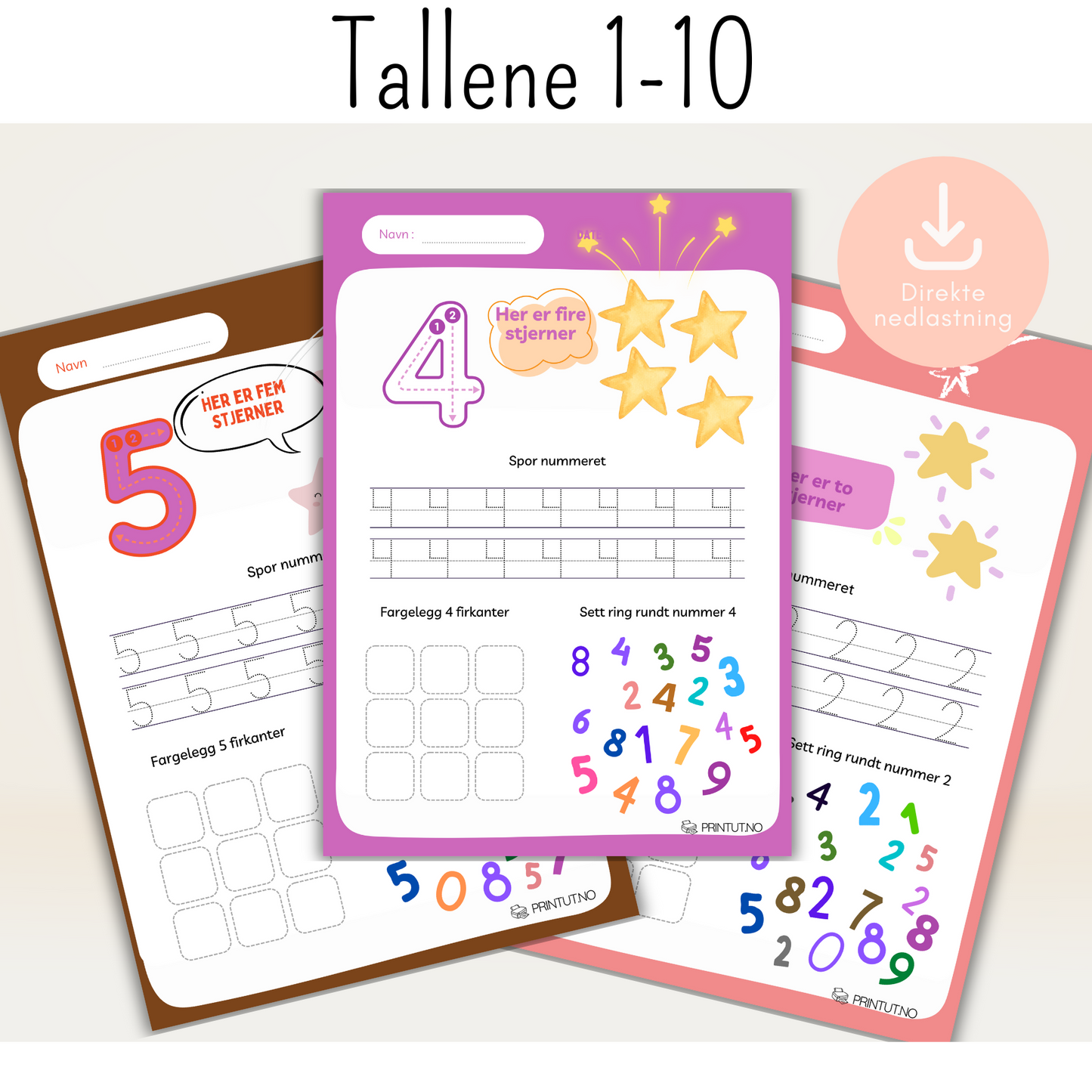 Navn: tallene-1-10-forside
Alternativ tekst: Forsiden av arbeidsarkene "Tallene 1–10" med tall, tellefigurer og tydelig oppsett for skrivetrening.