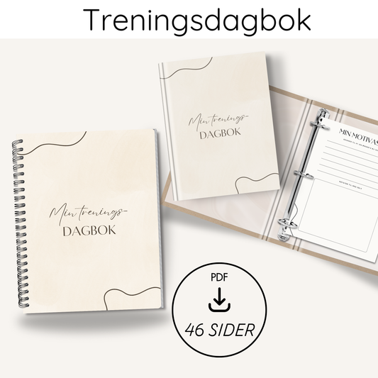 Forsiden av 'Treningsdagbok beige – 46 sider' med elegant design og tittelen tydelig vist.