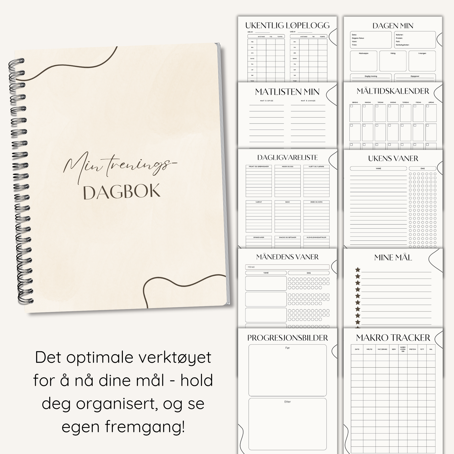 Eksempelside som viser en ukentlig treningsplan fra dagboken.