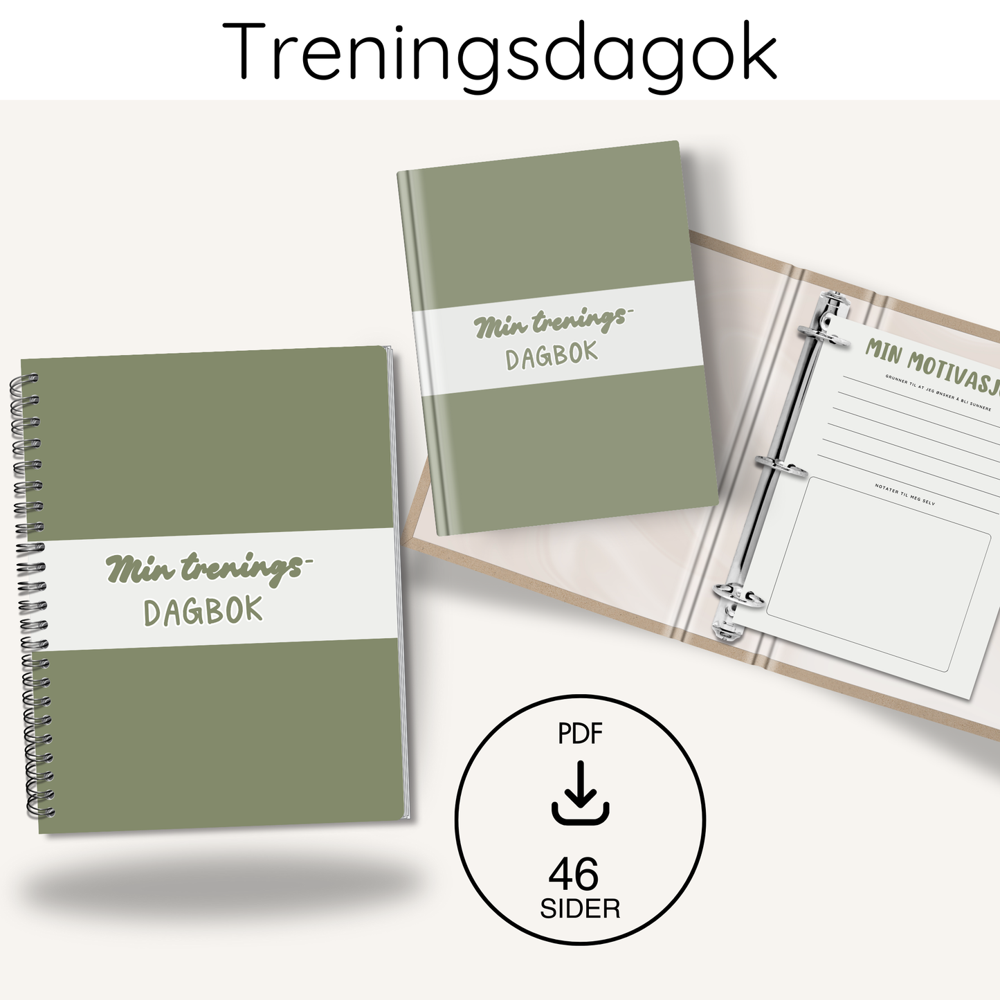 Forsiden av 'Treningsdagbok grønn – 46 sider' med elegant design og tittelen tydelig vist.