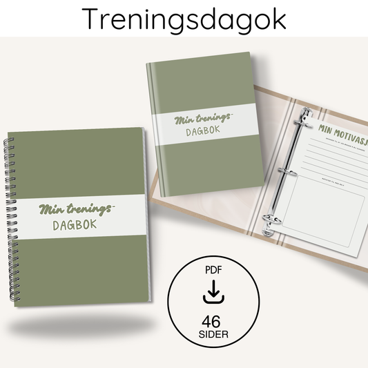 Forsiden av 'Treningsdagbok grønn – 46 sider' med elegant design og tittelen tydelig vist.