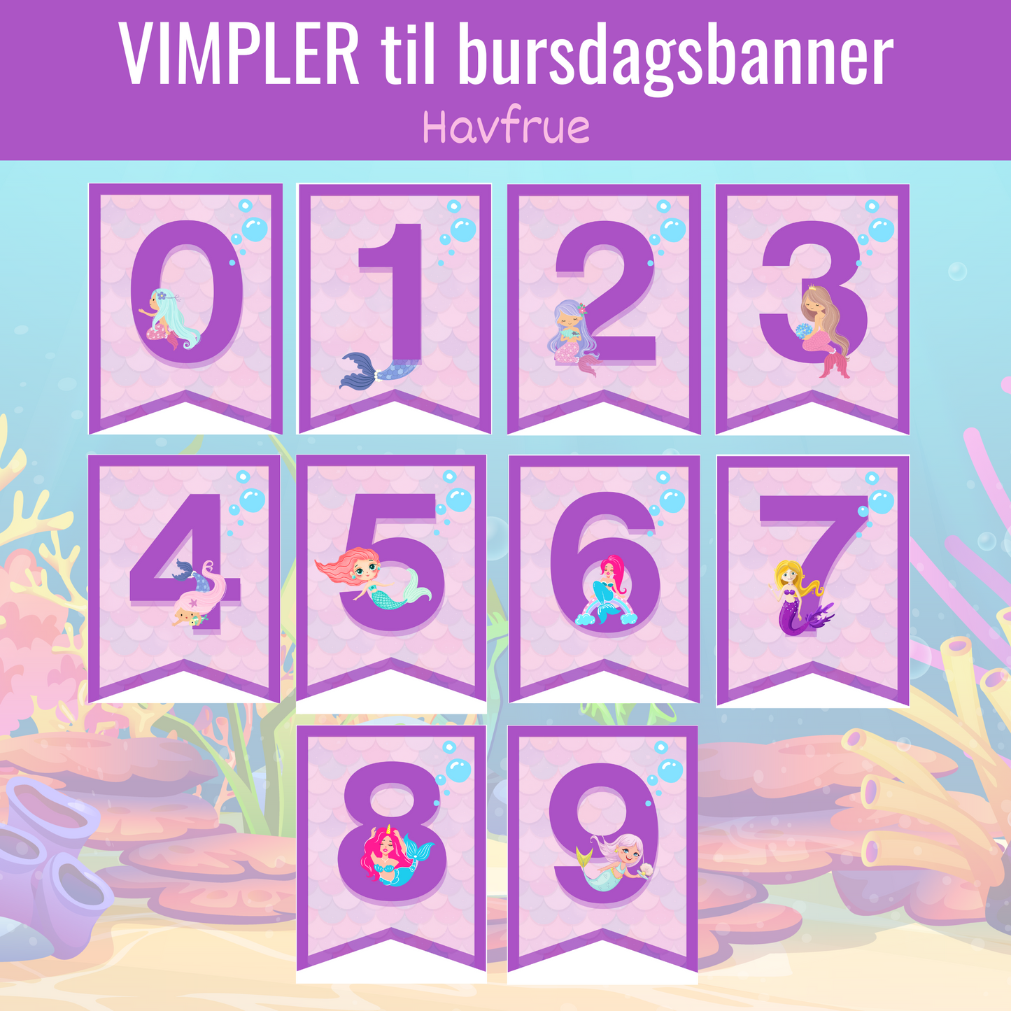 tallene 0-9 i banner med havfruetema