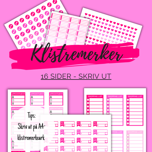 Rosa Klistremerker for Planleggere – 16-siders PDF til Utskrift