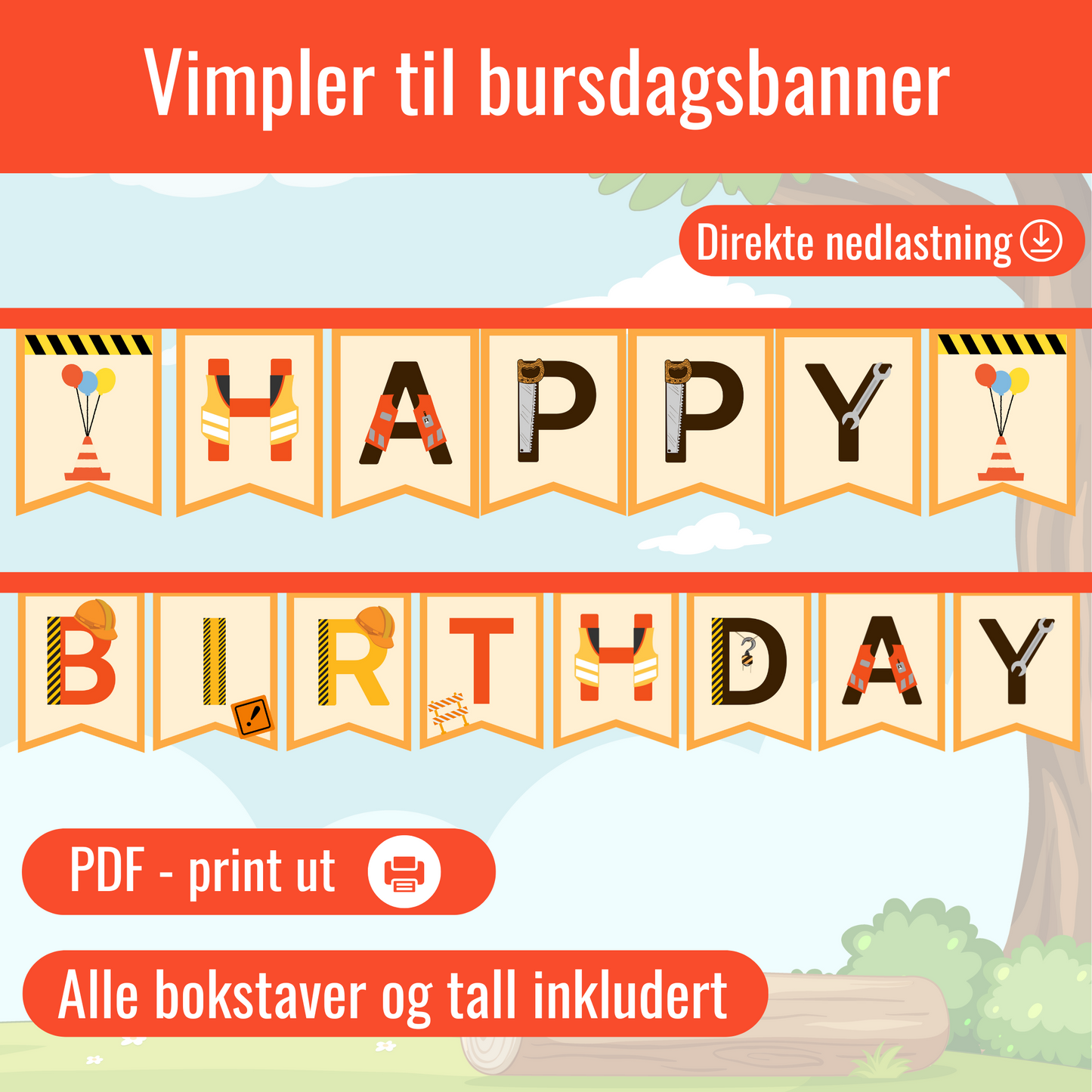 Vimpler til bursdagsbanner - byggetema