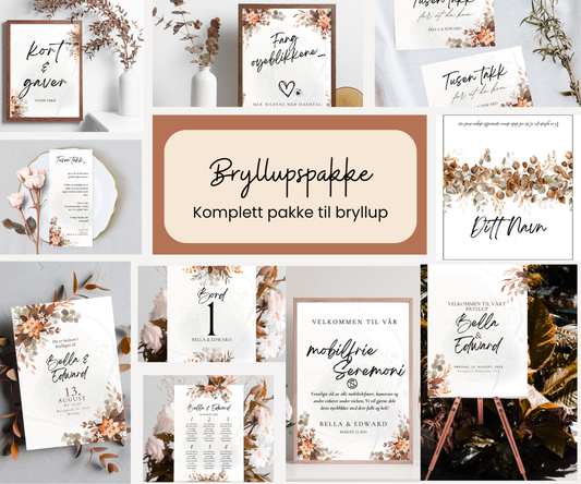 Bryllupspakke høstfarger - invitasjoner, takkekort, bordkort med mer
