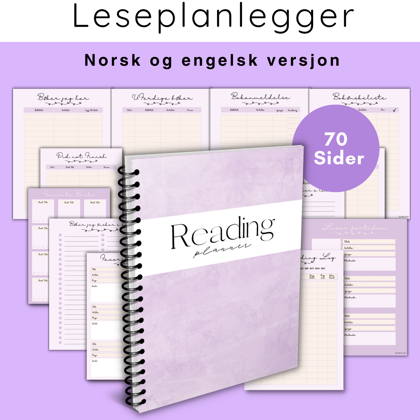 Leseplanlegger/dagbok lilla, 70 sider