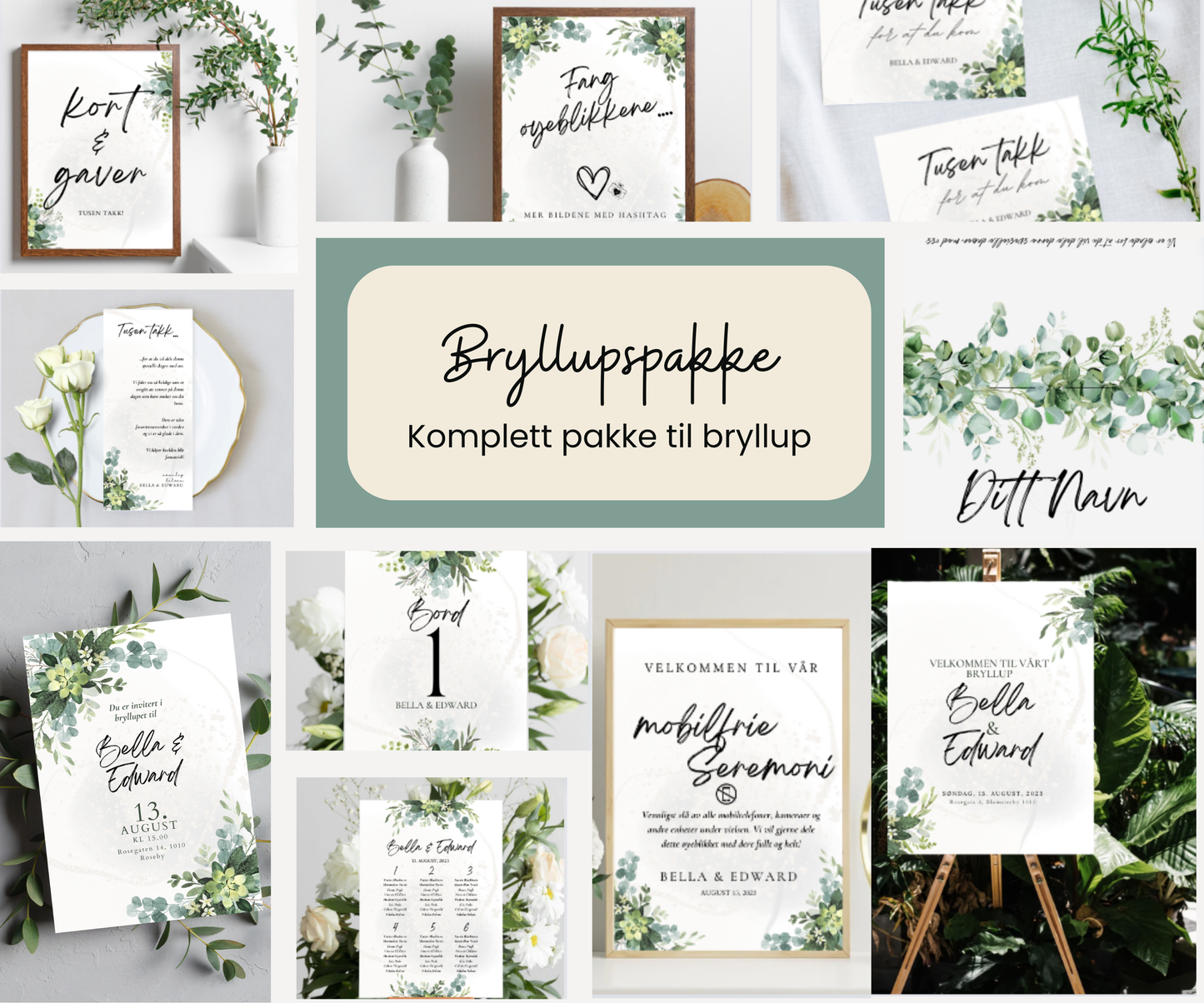 Bryllupspakke - invitasjoner, takkekort, bordkort med mer!