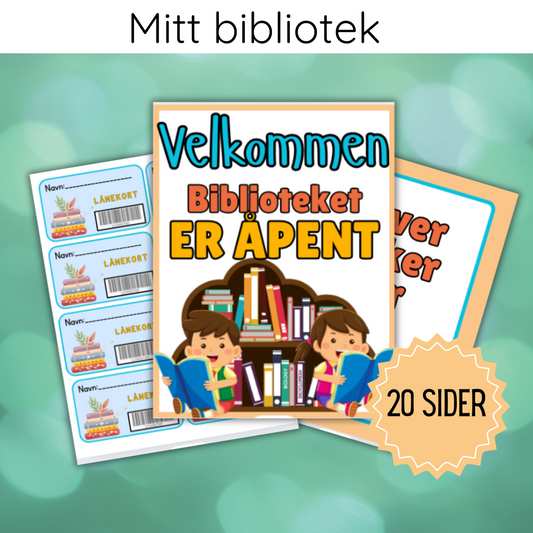 Forsiden av 'Mitt bibliotek' utskrivbar pakke som viser et fargerikt design med ulike bibliotekrelaterte elementer.
