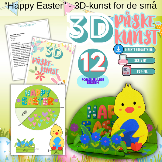 Printbart 3D-påskehåndverk for barn – nedlastbar PDF med 9 forskjellige design. Perfekt for kreative vår- og påskeaktiviteter.
