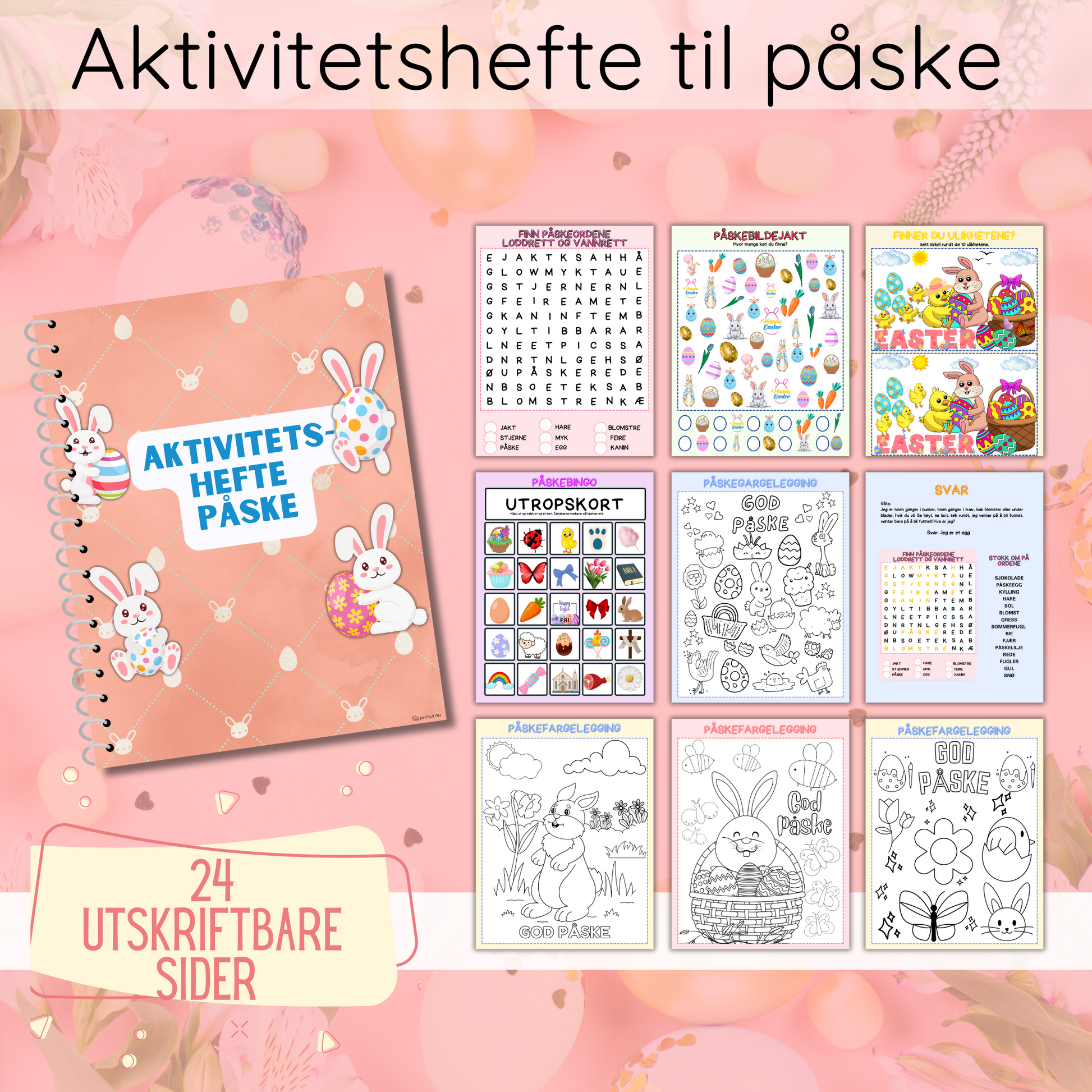 Fargerikt aktivitetshefte til påske med bingo, ordjakt og labyrinter for barn.

