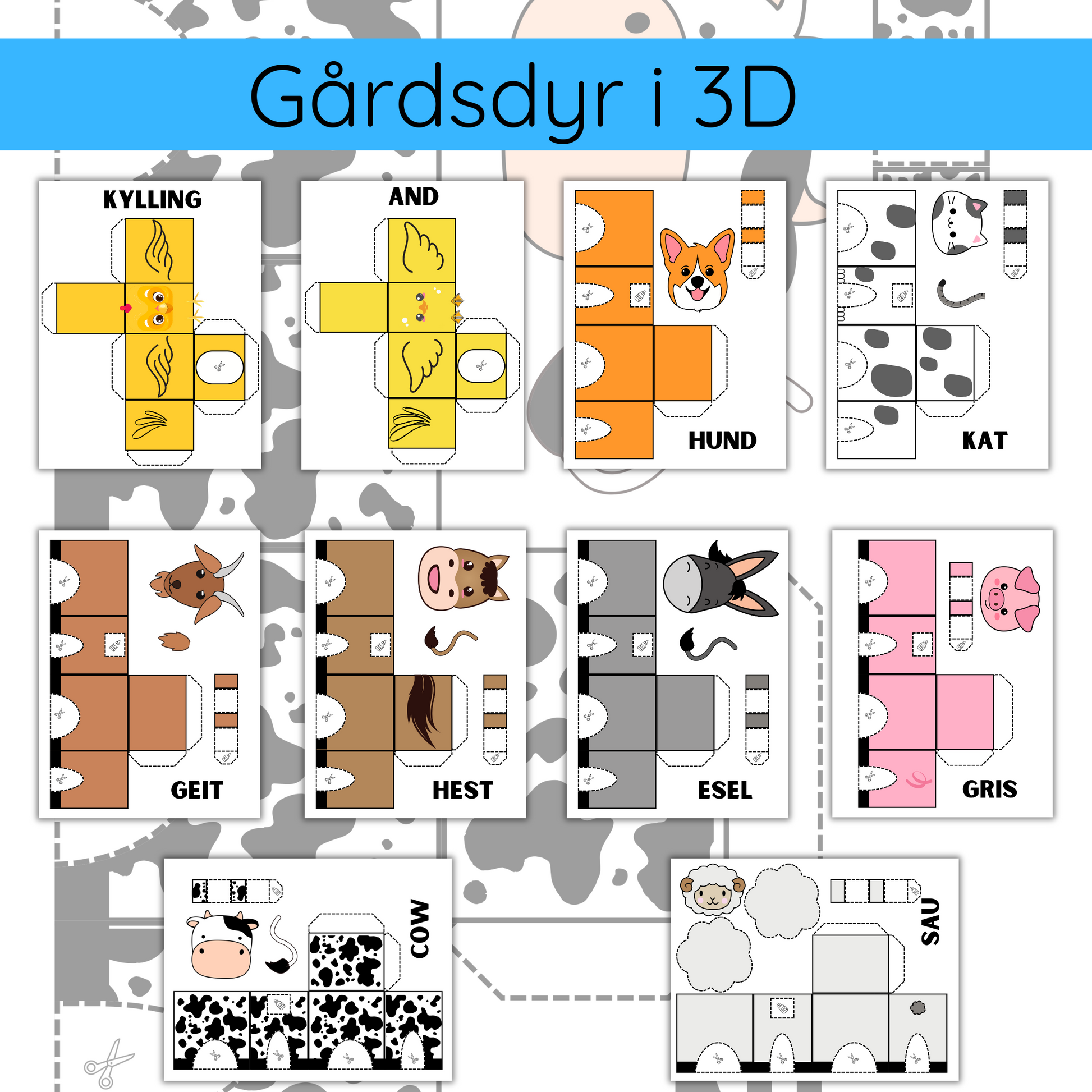Ferdig sammensatte 3D-figurer av bondegårdsdyr laget fra de utskrevne malene.
