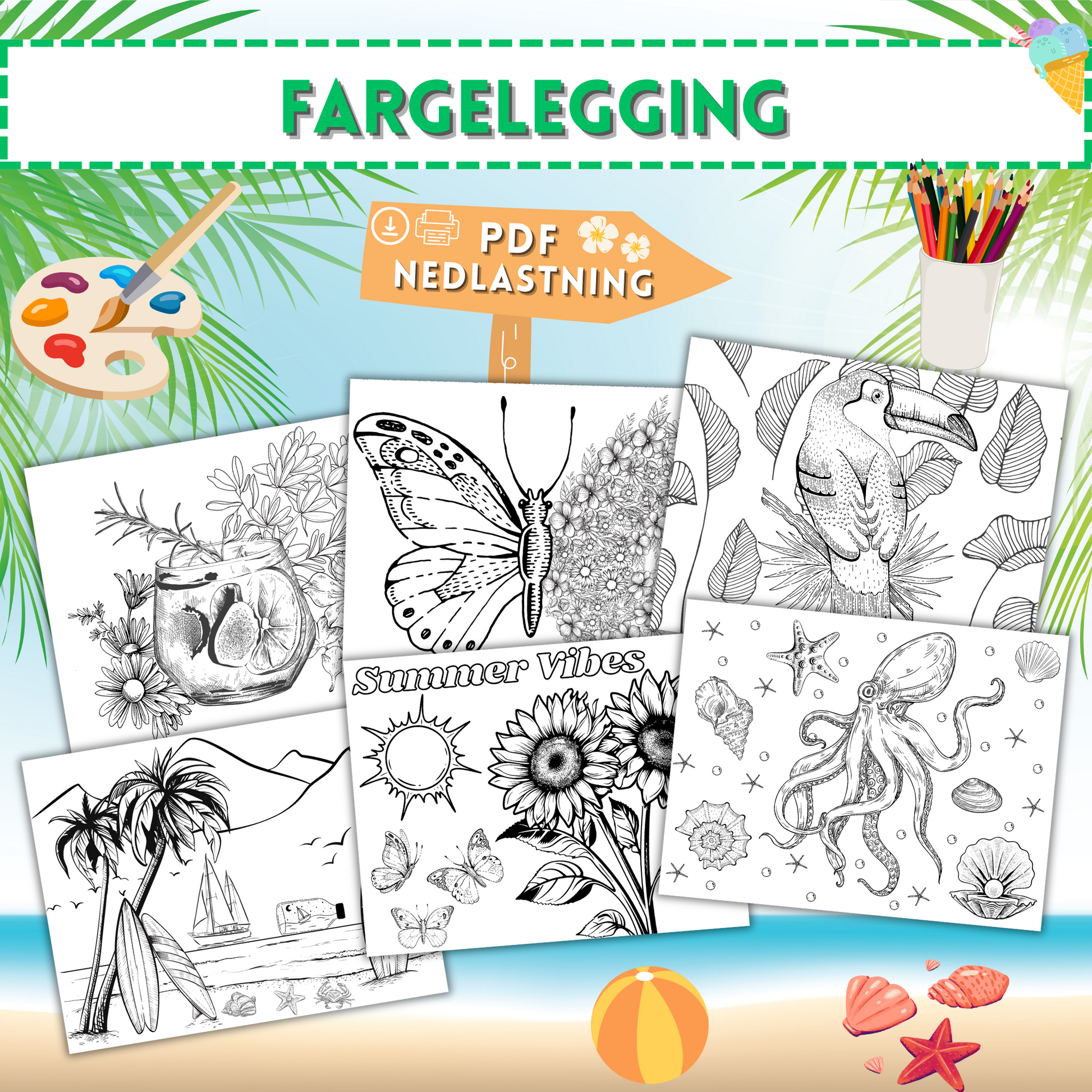 kreative fargeleggingsaktiviteter med sol, strand og sommerglede.
