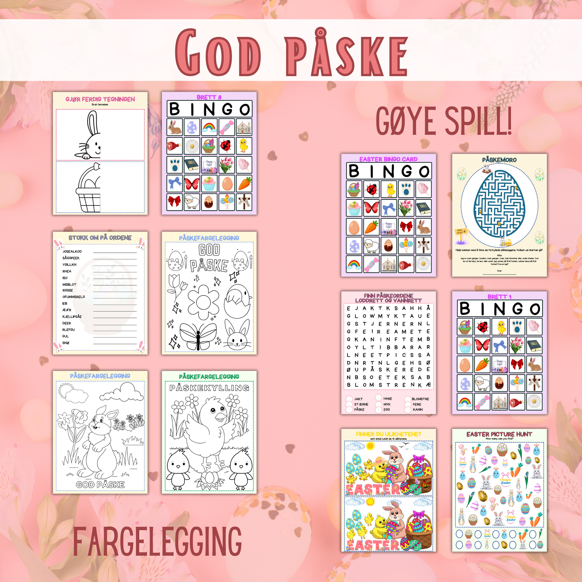 Påskeaktivitetshefte med fargeleggingsark og skriveoppgaver – 24 sider med moro.
