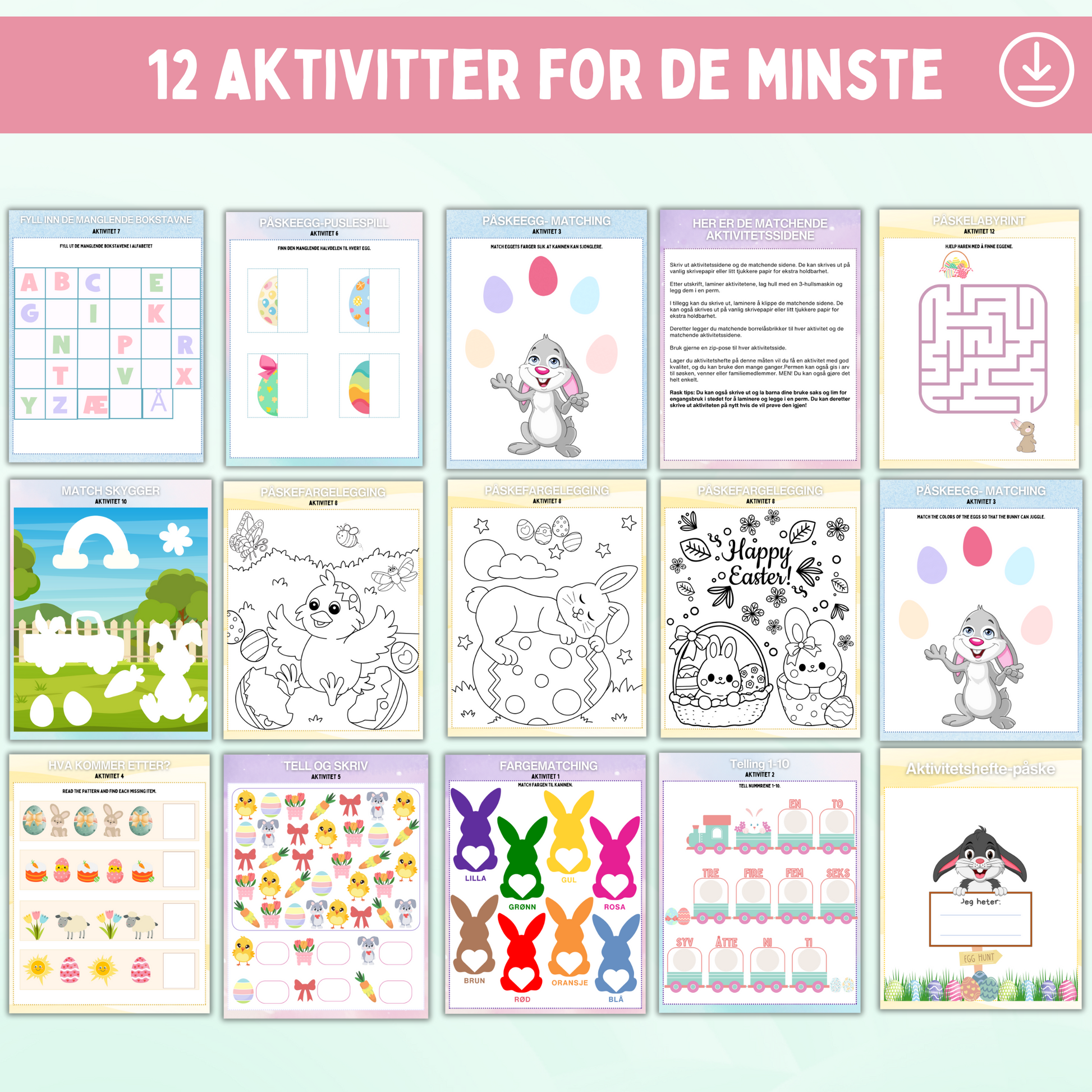 Pedagogisk aktivitetshefte for barn – printbare oppgaver for tidlig læring og utvikling.
