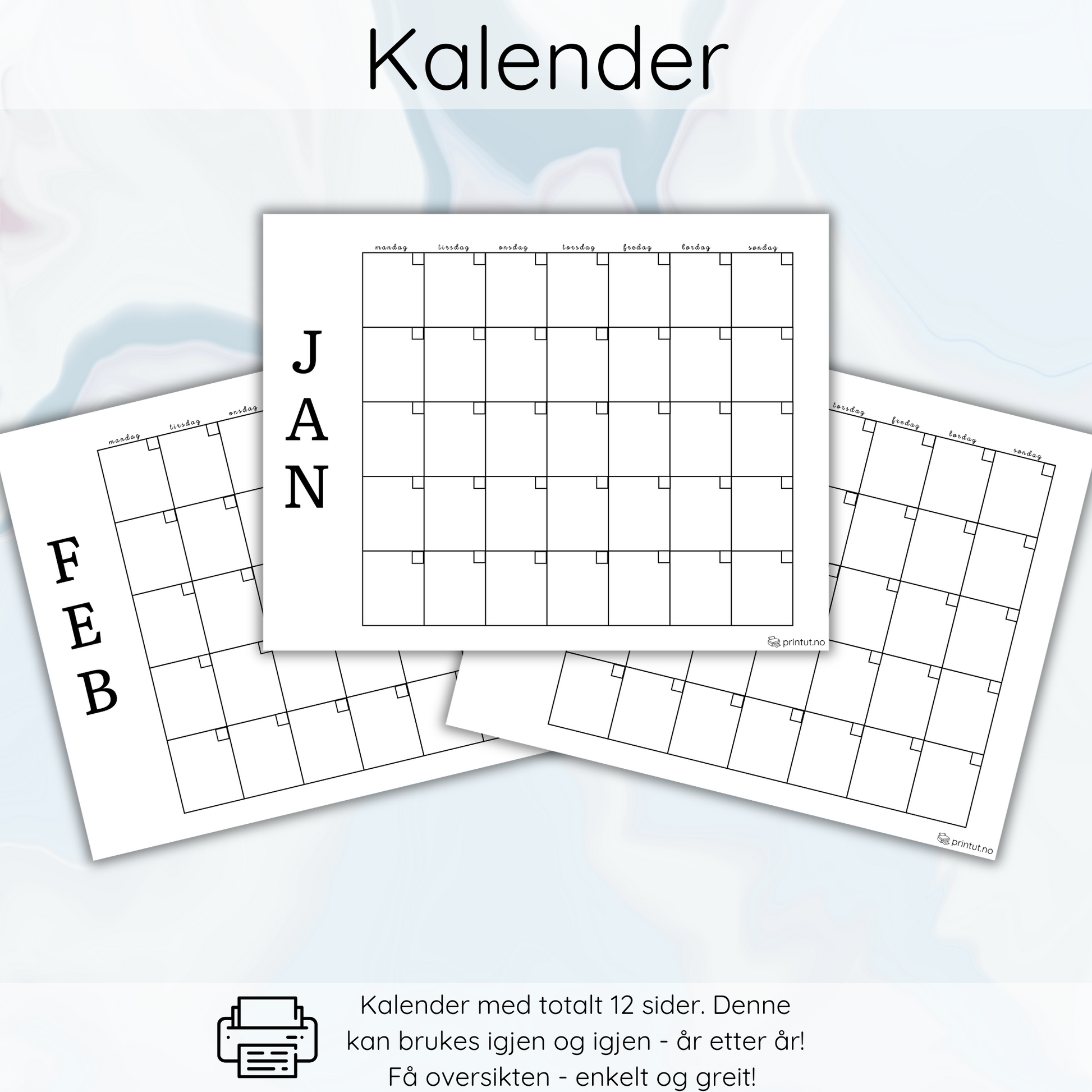 Printbar hvit evighetskalender – minimalistisk design for årlig planlegging hjemme eller på kontoret.
