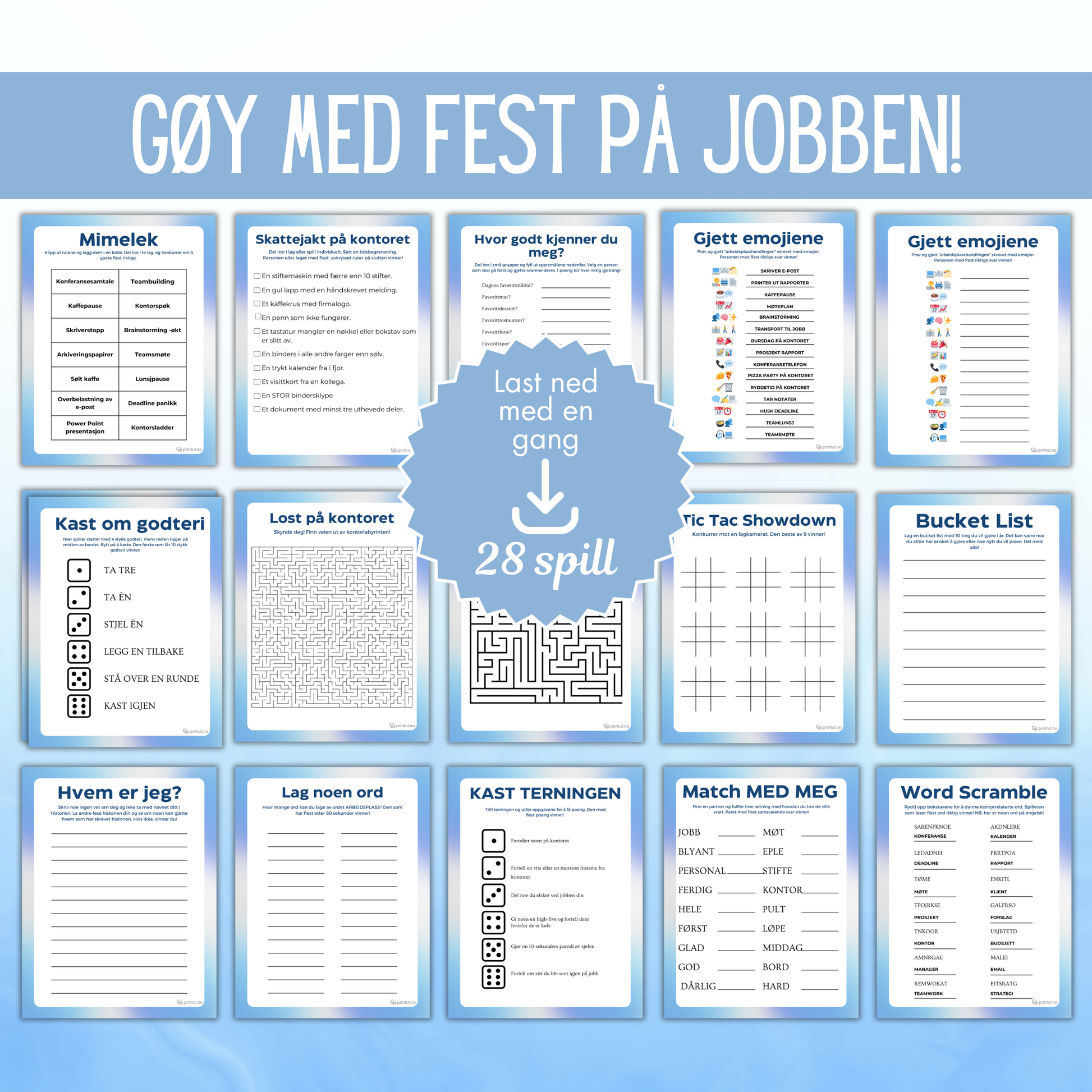Printbare leker til jobbfesten – isbrytere, quizzer og morsomme aktiviteter for kolleger.
