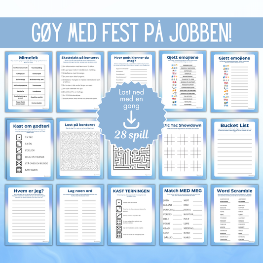 Printbare leker til jobbfesten – isbrytere, quizzer og morsomme aktiviteter for kolleger.
