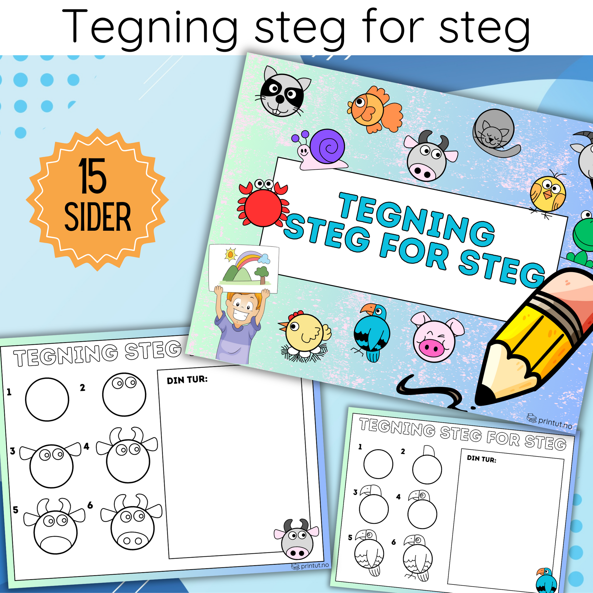 Forsiden av 'Tegning steg for steg-dyr' med illustrasjoner av forskjellige dyr og tegneinstruksjoner.
