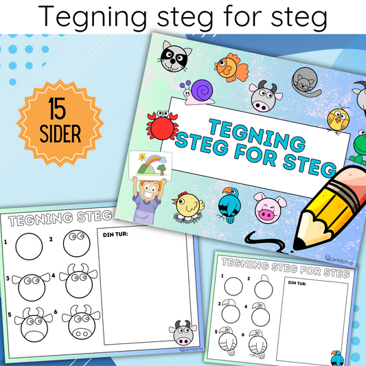 Forsiden av 'Tegning steg for steg-dyr' med illustrasjoner av forskjellige dyr og tegneinstruksjoner.
