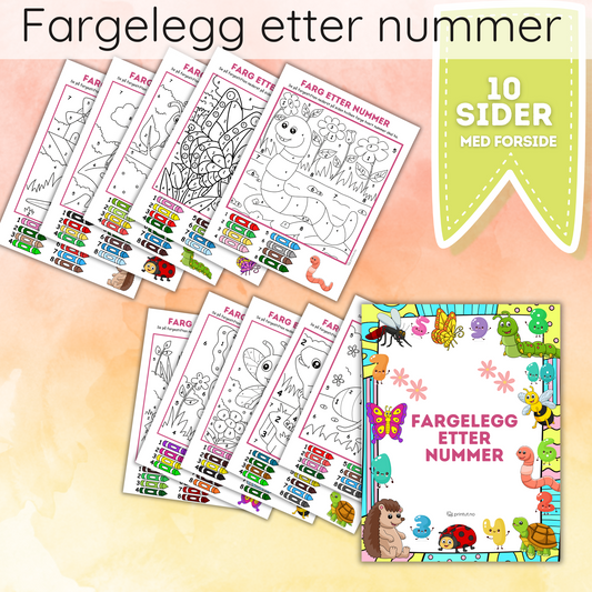 Forsiden av 'Vår-fargelegg etter nummer' med illustrasjoner av vårtema og tall.
