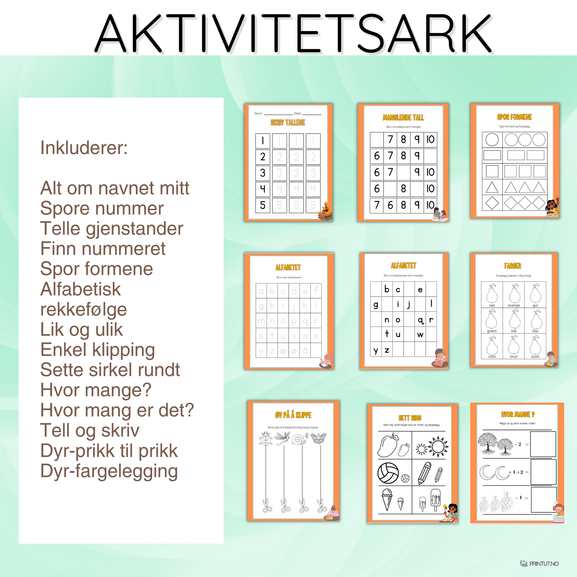 Eksempelside som viser en tallsporingsoppgave fra aktivitetsheftet.
