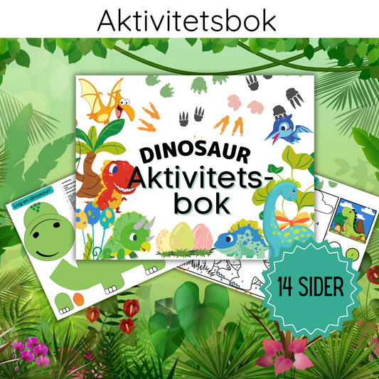 Forsiden av 'Aktivitetsbok med dinosaurtema' som viser et fargerikt design med ulike dinosauraktiviteter.
