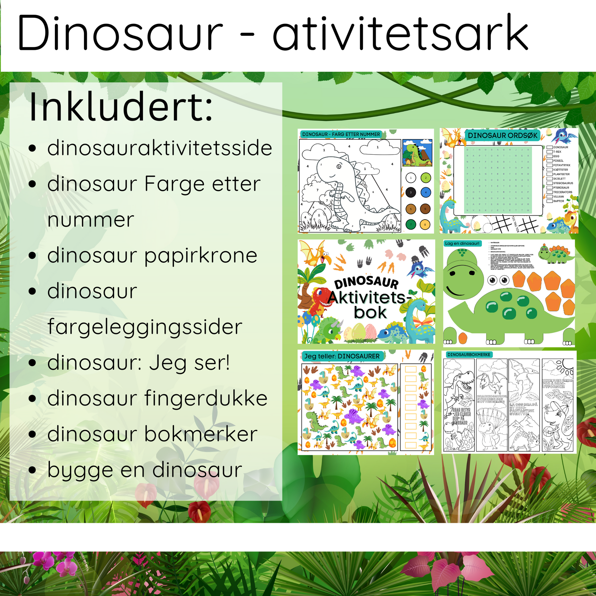 oversikt over aktivitetsbokens innhold, med farg etter nummer, papirkrone, bokmerker, fingerdukke