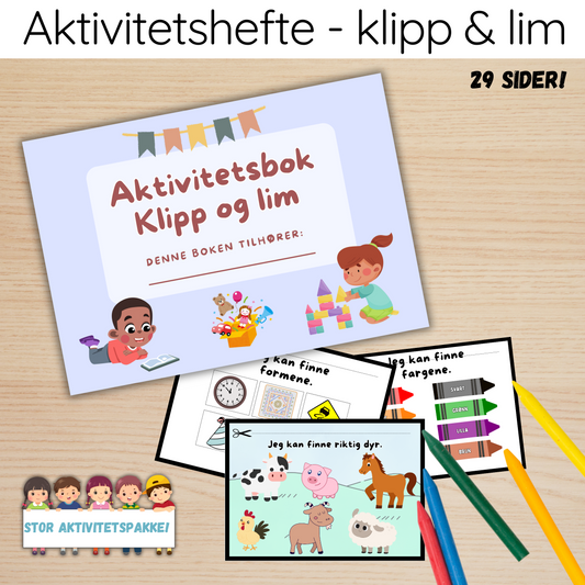 Forsiden av 'Aktivitetshefte – klipp og lim' med fargerikt design som inviterer til kreativ læring.
