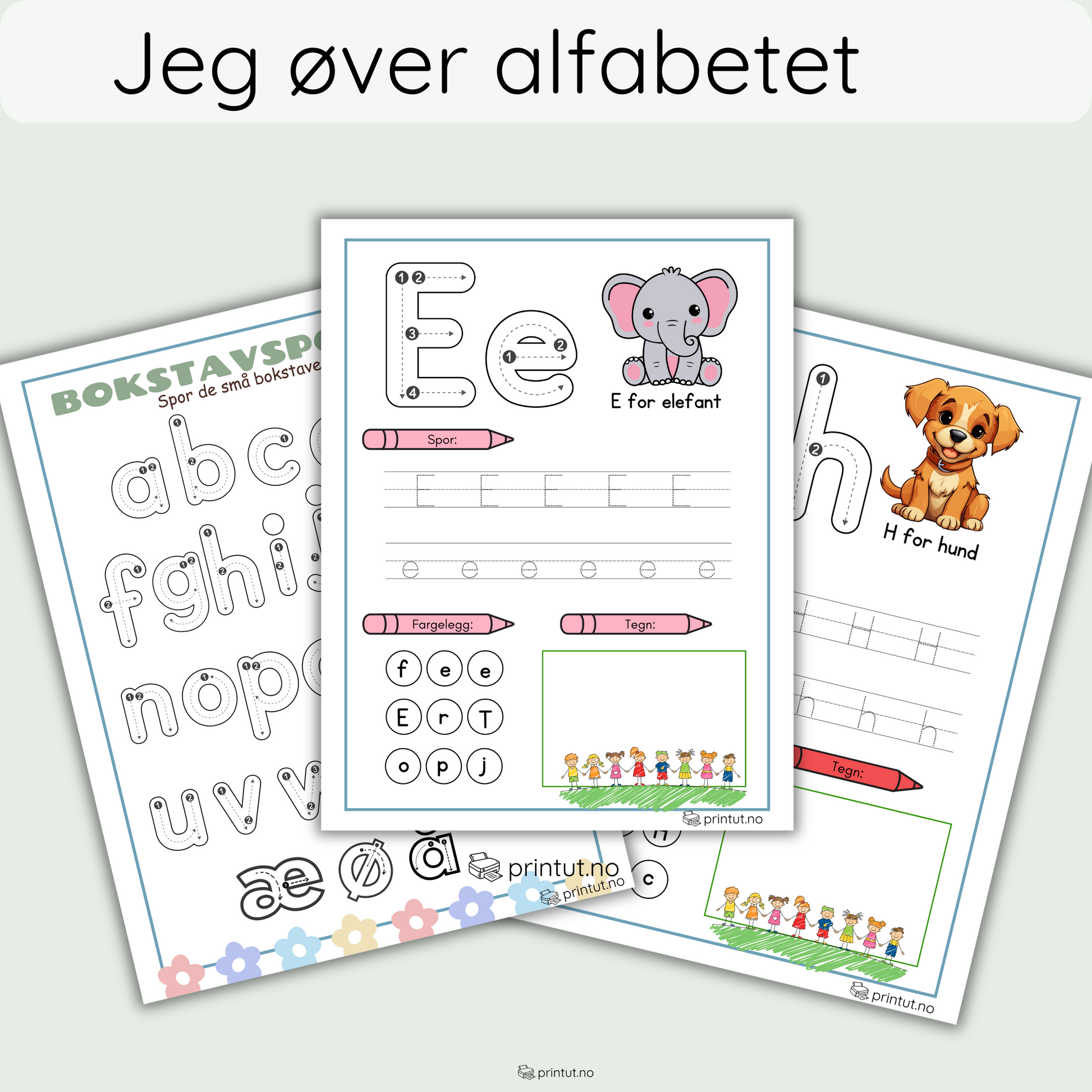 Alfabetet – jeg øver: Forside av aktivitetsheftet med fargerik design.
