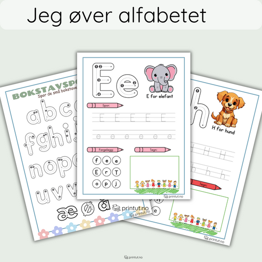 Alfabetet – jeg øver: Forside av aktivitetsheftet med fargerik design.
