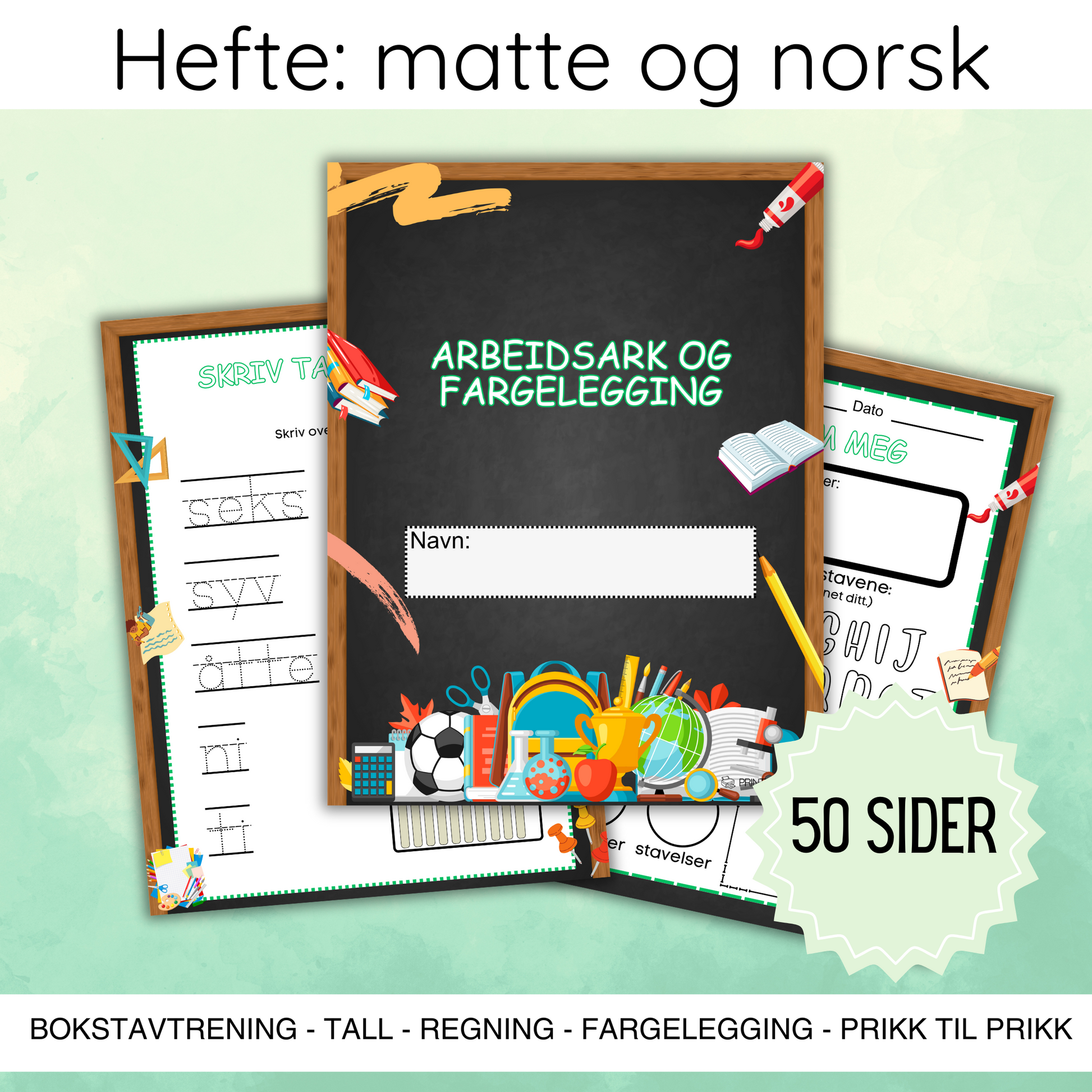 Forsiden av 'Arbeidsark og fargelegging' med fargerike illustrasjoner og tittelen tydelig vist.
