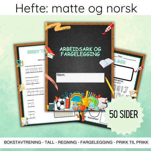 Forsiden av 'Arbeidsark og fargelegging' med fargerike illustrasjoner og tittelen tydelig vist.
