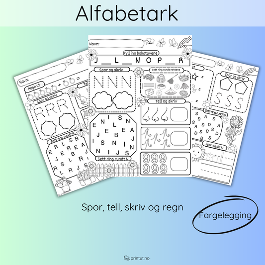 Forsiden av 'Arbeidshefte – Alfabetet (sort/hvitt)' med oversikt over bokstavaktiviteter i svart-hvitt stil.
