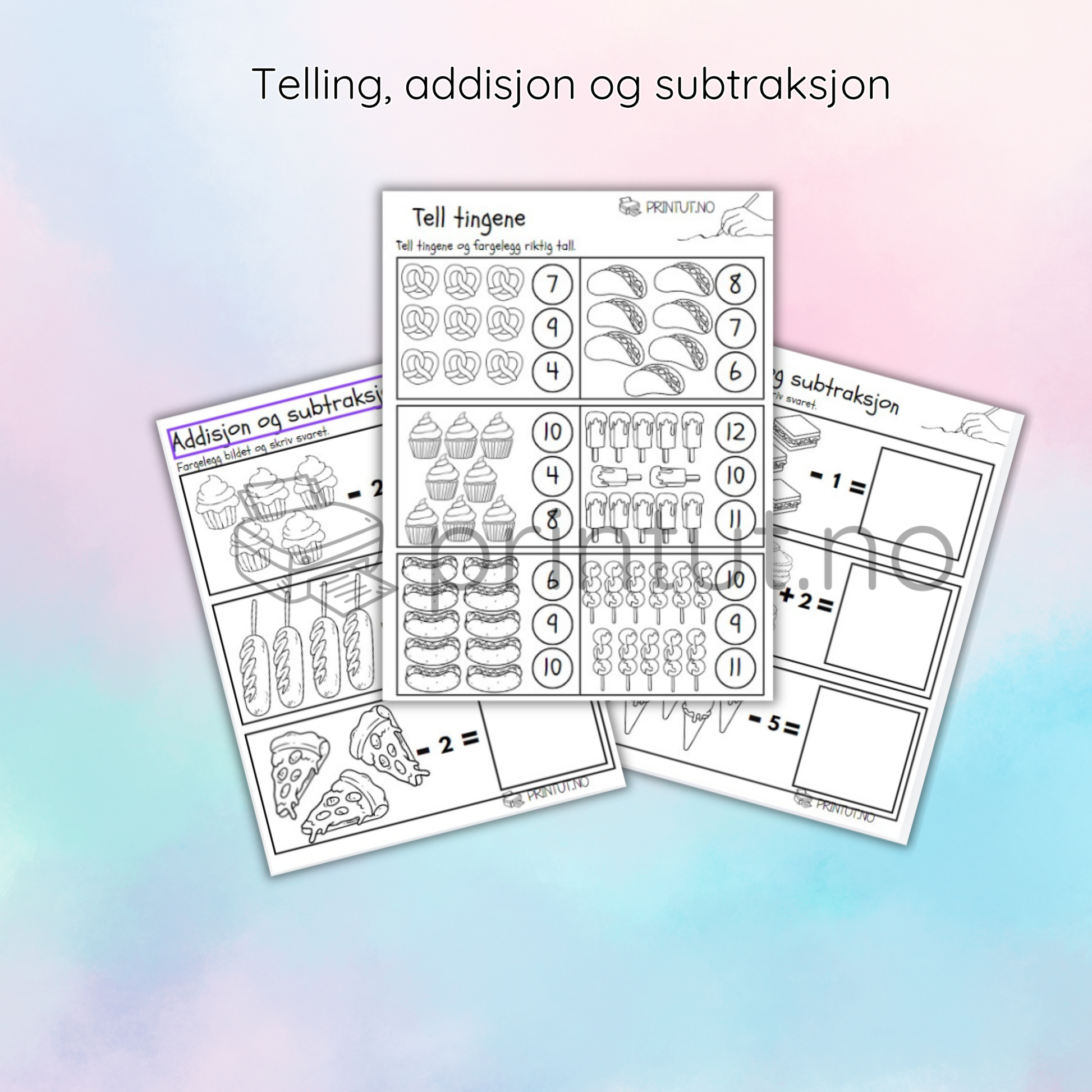 Matematikkoppgaver som inkluderer enkel addisjon og subtraksjon for å styrke tallforståelsen.
