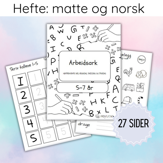 Forsiden av 'Arbeidshefte matte/norsk – 27 sider' med fargerikt design som inviterer til læring og moro.
