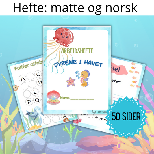 Forsiden av 'Arbeidshefte matte/norsk – 50 sider' med fargerikt sjøtema-design som inviterer til læring og moro.

