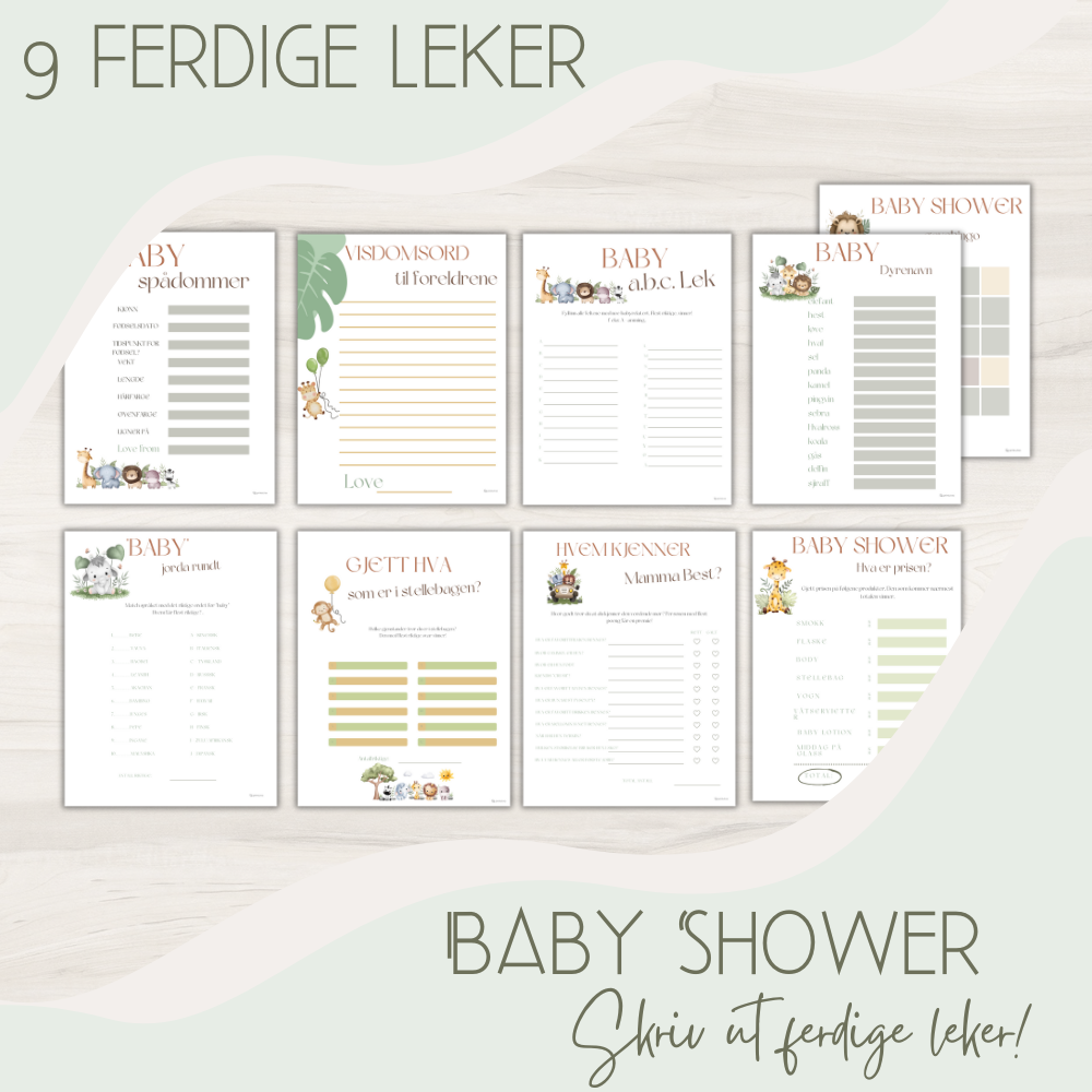 ferdige leker til babyshower, print ut