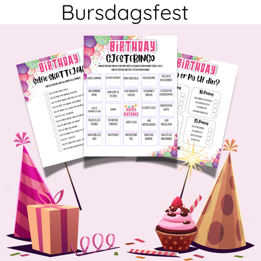 Forsiden av 'Bursdagsfest for henne (voksen)' med illustrasjoner av festlige elementer og spillkort.
