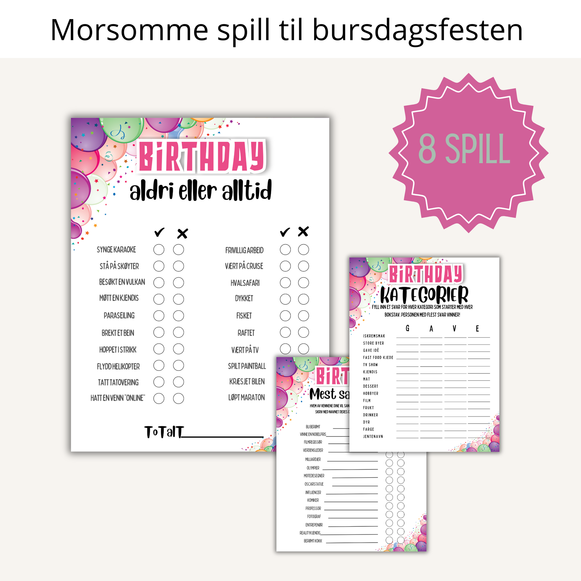 Oversikt over spillene inkludert i 'Bursdagsfest for henne (voksen)', som selfie-skattejakt og gjeste-BINGO.
