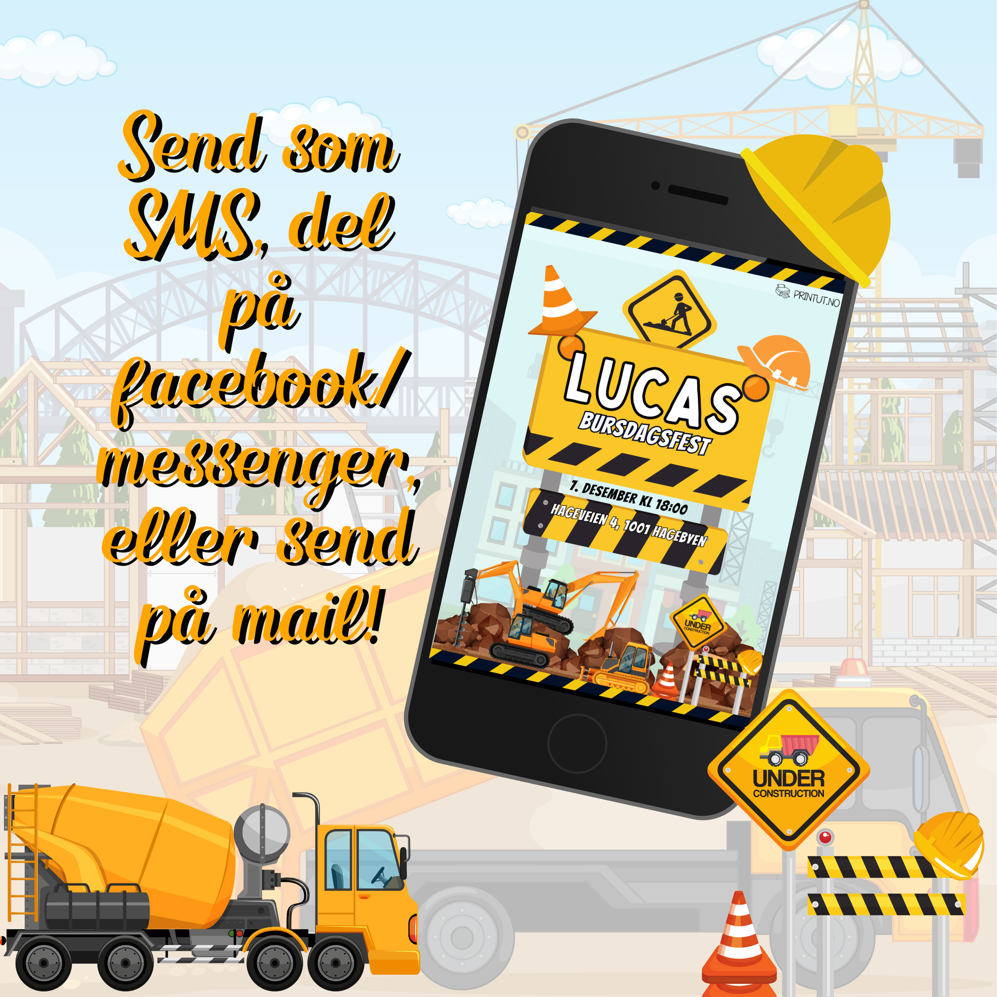 viser hvordan invitasjonen kan sendes på telefon digitalt, facebook eller mail 