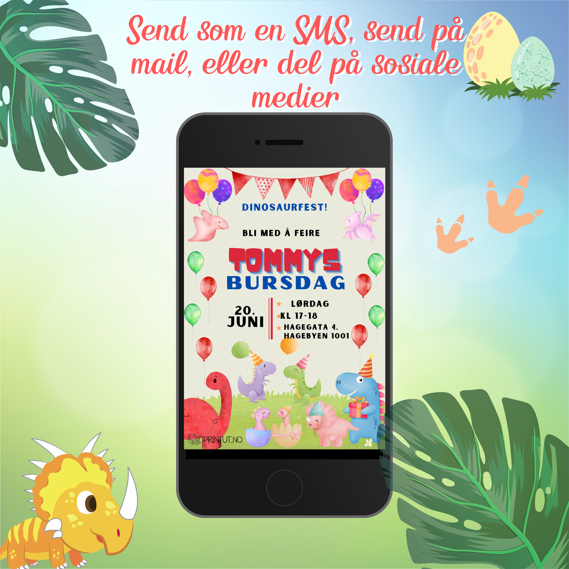 Eksempel på hvordan invitasjonen kan redigeres i Canva med personlig informasjon som navn, dato og sted.
