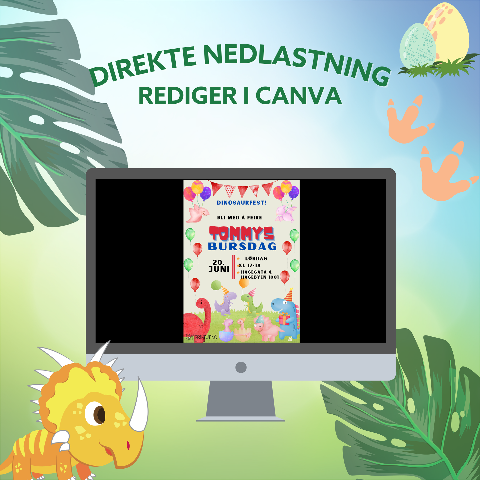 Utskrevet invitasjon med dinosaurtema plassert på et bord, klar til å bli delt ut til gjester.
