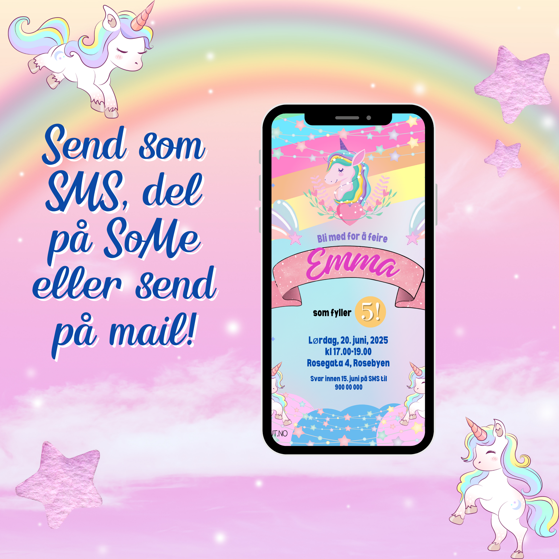viser invitasjonen på telefon slik at man kan sende på facebook, sms eller mail 
