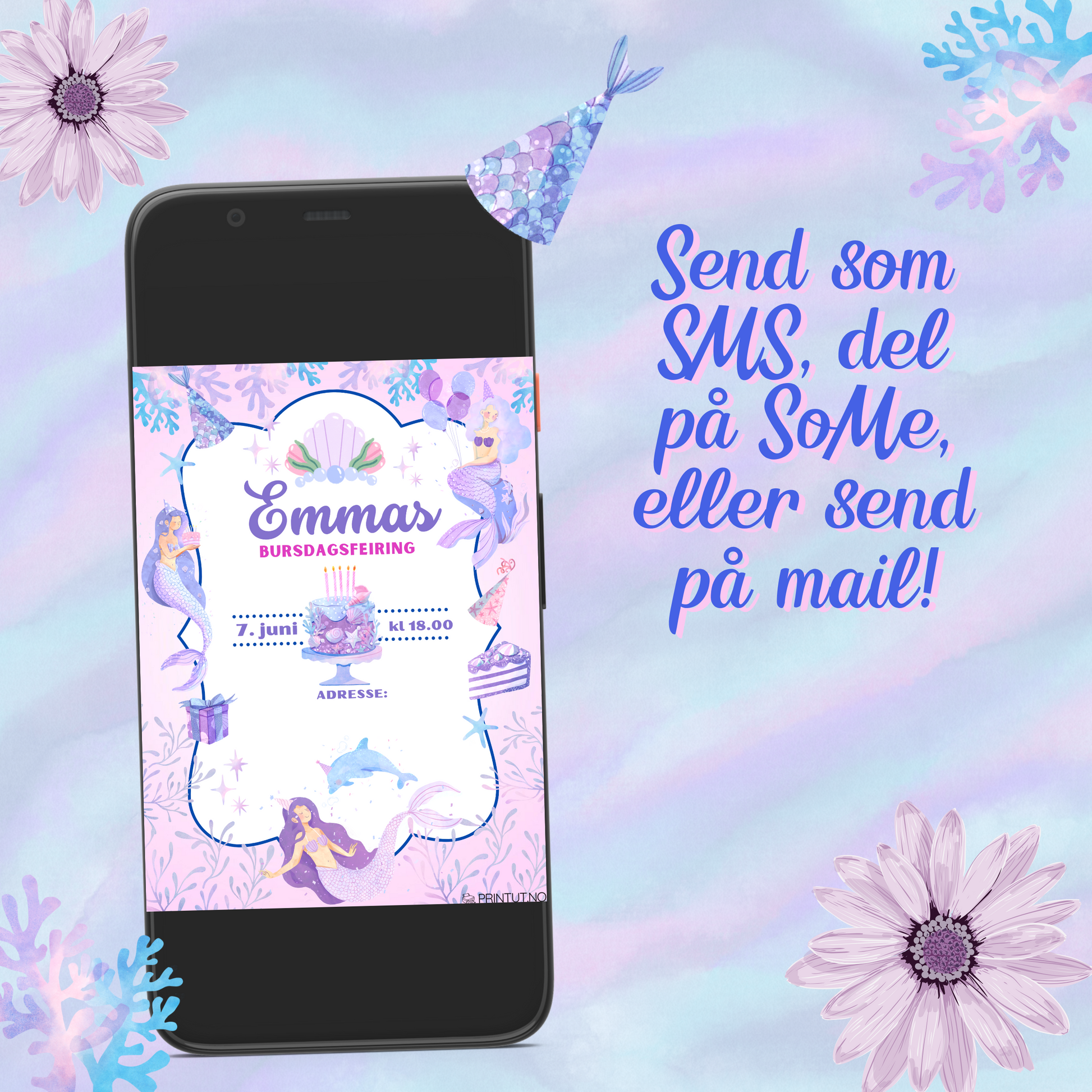 viser hvordan invitasjonen ser ut på mobilen, og kan sende på sms, some, eller på mail