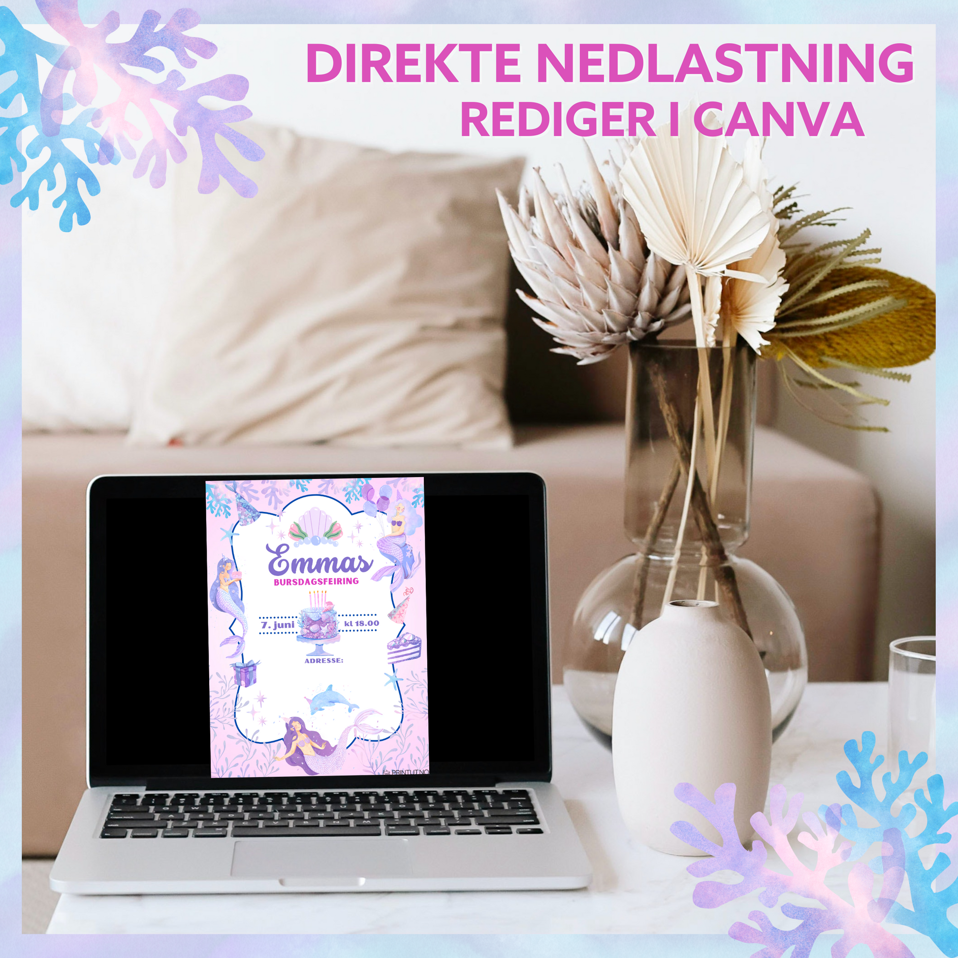 Eksempel på hvordan invitasjonen kan redigeres i Canva med personlig informasjon som navn, dato og sted.
