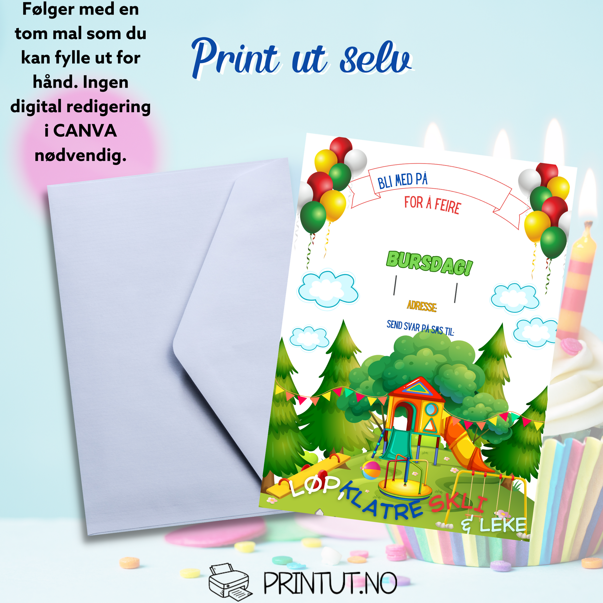 invitasjon med en konvolutt og skriften print ut selv
