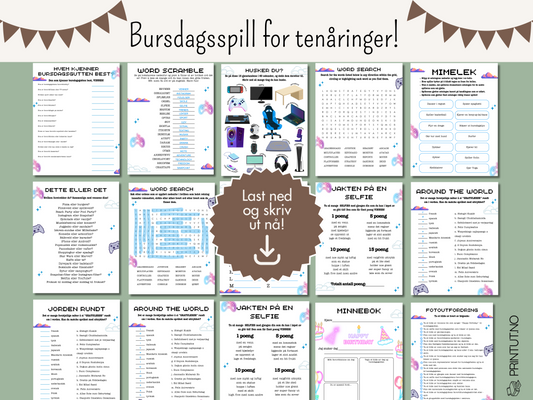 Forsiden av 'Bursdagsspill for tenåringer (gutt)' med fargerike illustrasjoner og tittelen tydelig vist.
